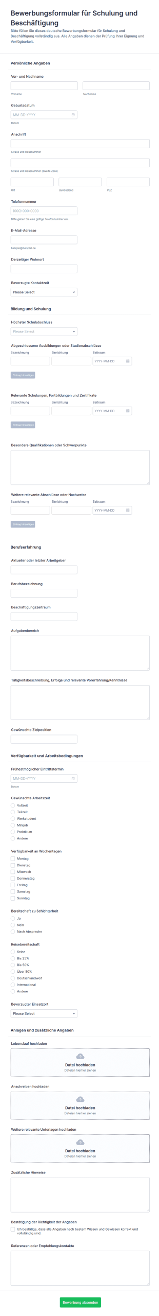 Bewerbungsformular Für Schulung Und Beschäftigung