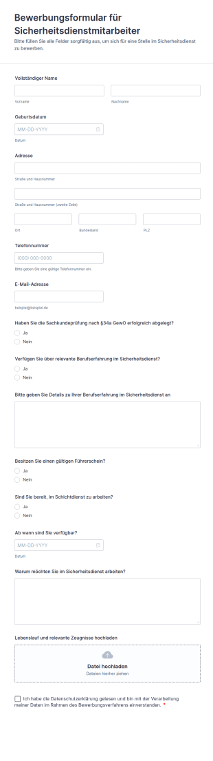 Bewerbungsformular Für Sicherheitsdienstmitarbeiter