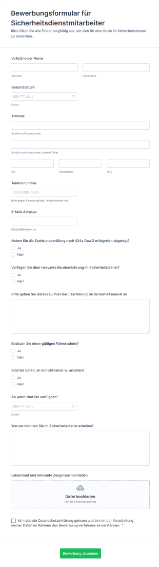 Bewerbungsformular Für Sicherheitsdienstmitarbeiter