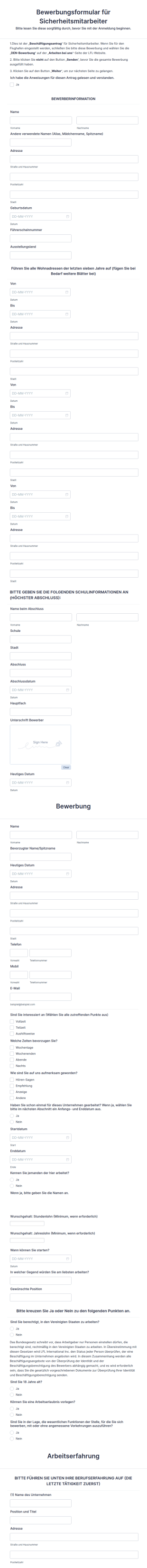 Bewerbungsformular Für Sicherheitsmitarbeiter