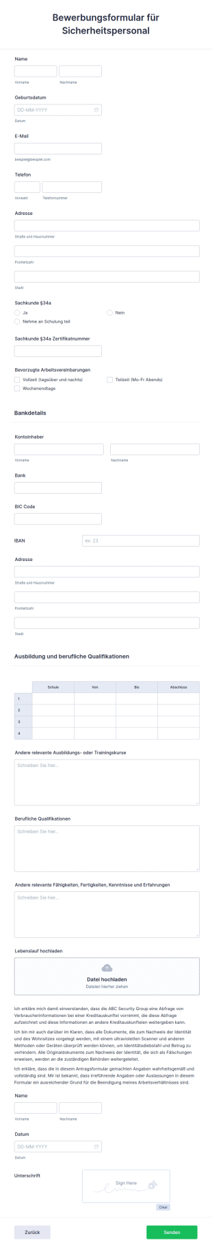 Bewerbungsformular Für Sicherheitspersonal