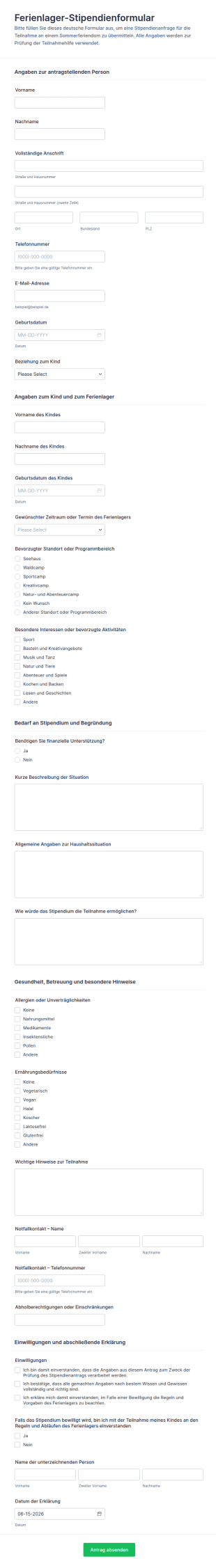 Sommerlager Stipendienbewerbungsformular