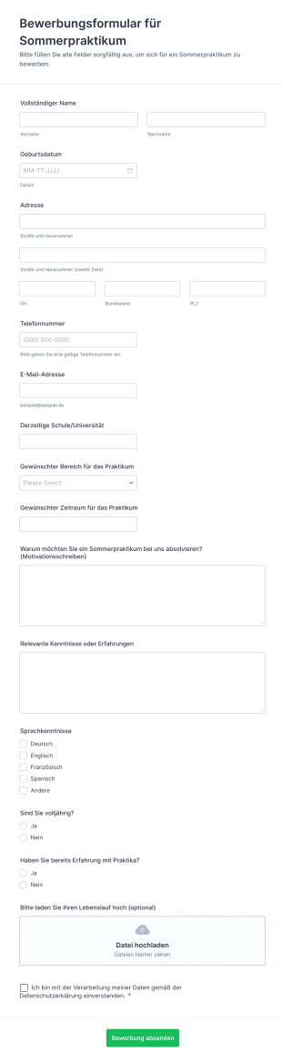Bewerbungsformular Für Sommerpraktikum