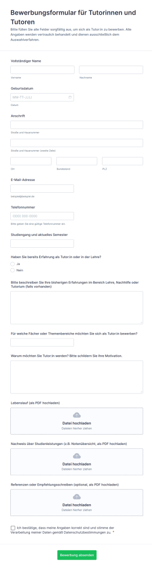Bewerbungsformular Für Tutorinnen Und Tutoren