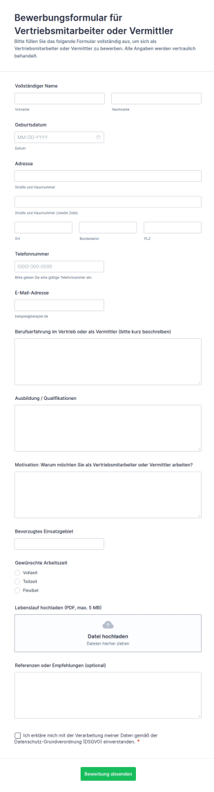 Bewerbungsformular Für Vertriebsmitarbeiter Oder Vermittler