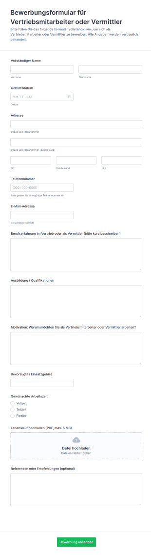 Bewerbungsformular Für Vertriebsmitarbeiter Oder Vermittler