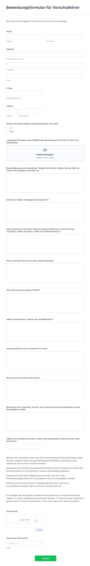 Bewerbungsformular Für Vorschullehrer