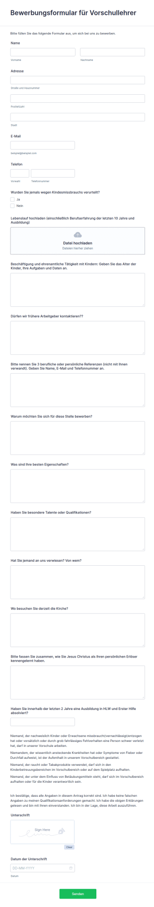 Bewerbungsformular Für Vorschullehrer