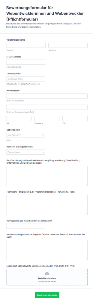 Bewerbungsformular Für Webentwickler/Programmierer