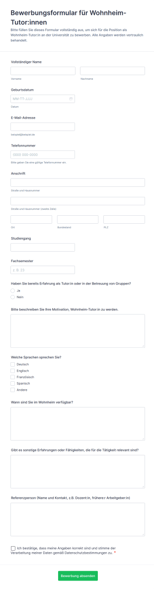 Bewerbungsformular Für Wohnheim Tutor:innen
