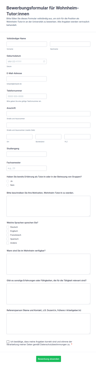 Bewerbungsformular Für Wohnheim Tutor:innen