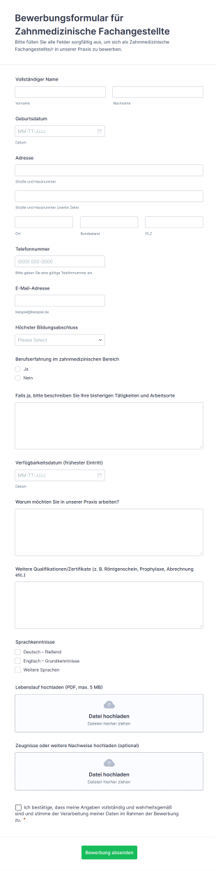 Bewerbungsformular Für Zahnmedizinische Fachangestellte