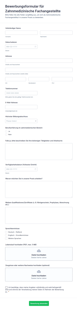 Bewerbungsformular Für Zahnmedizinische Fachangestellte