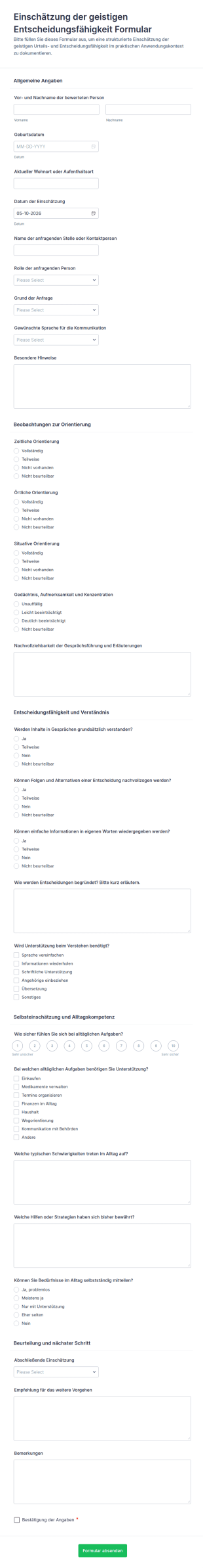 Bewertung Der Geistigen Fähigkeiten Fragebogen