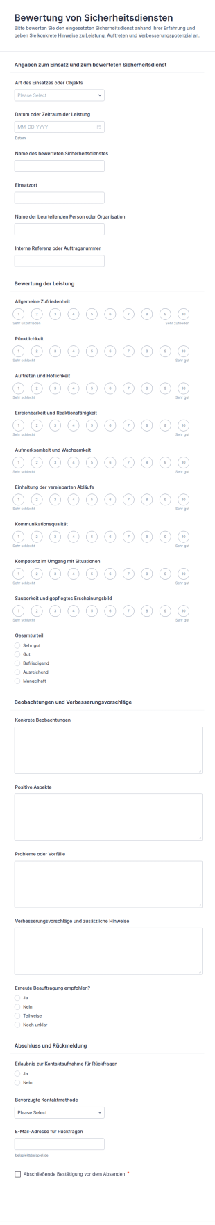 Bewertung Sicherheitsdienst Formular