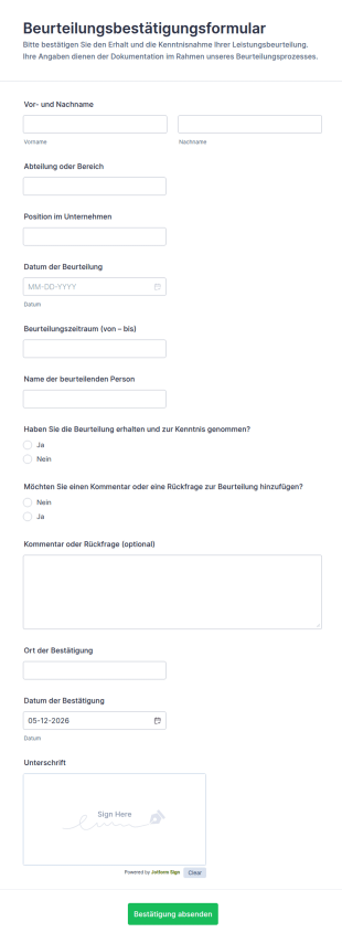 Bewertungsbestätigung Formular