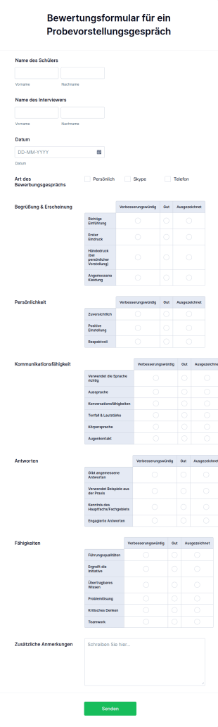 Bewertungsformular Für Ein Probevorstellungsgespräch