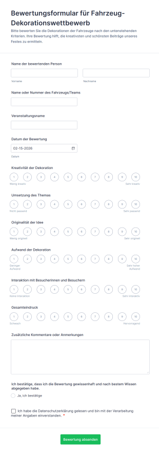 Bewertungsformular Für Fahrzeug Dekorationswettbewerb