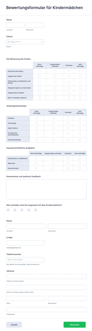 Bewertungsformular Für Kindermädchen