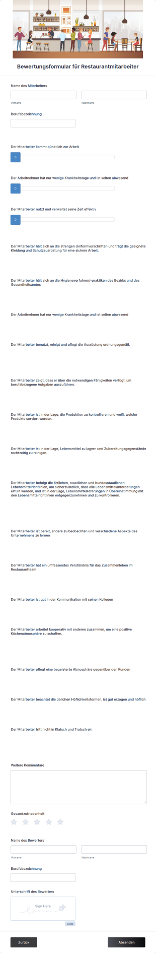 Bewertungsformular Für Restaurantmitarbeiter