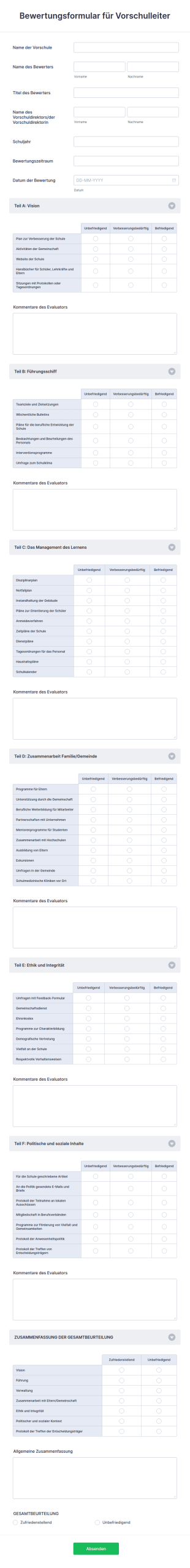 Bewertungsformular Für Vorschulleiter
