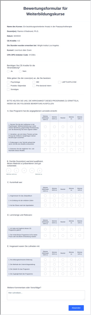 Bewertungsformular Für Weiterbildungskurse Form Template