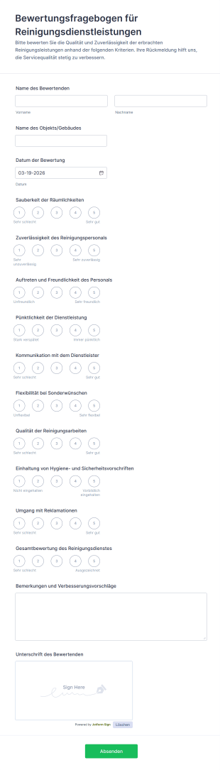 Bewertungsfragebogen Für Reinigungsdienstleistungen