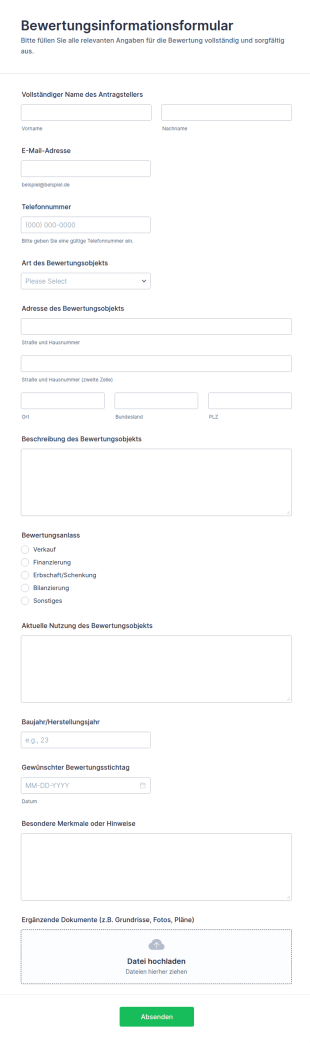 Bewertungsinformation Formular