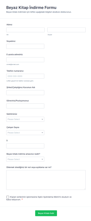 Beyaz Kitap İndirme Form Şablonu