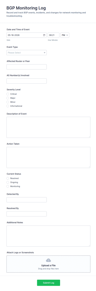 BGP Monitoring Log Form Template