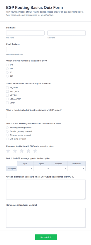 BGP Routing Basics Quiz Form Template