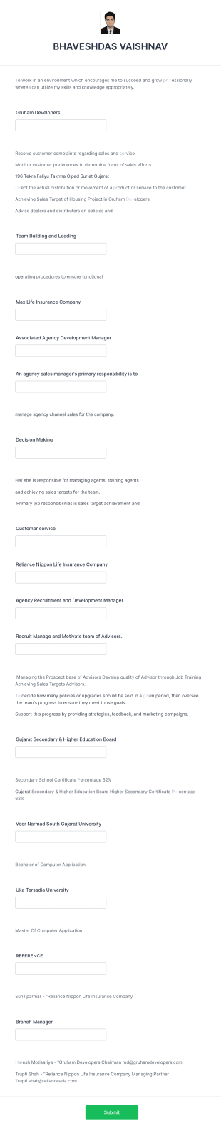 BHAVESHDAS VAISHNAV Curriculum Vitae Form Template