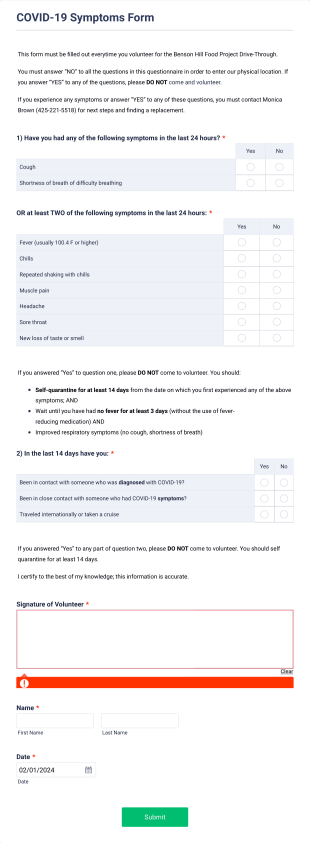 BHFP COVID 19 Symptoms Form Template