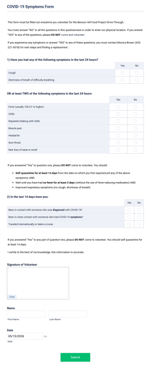 BHFP COVID 19 Symptoms Form Template