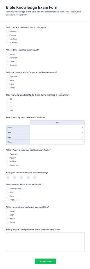 Bible Knowledge Exam Form Template