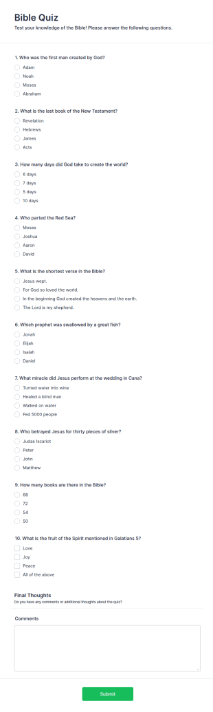 Bible Quiz Form Template