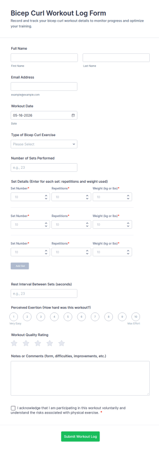 Bicep Curl Workout Log Form Template