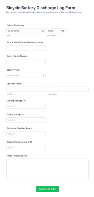 Bicycle Battery Discharge Log Form Template