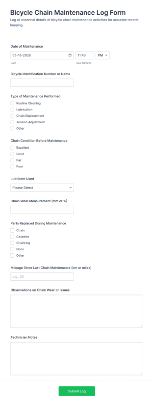 Bicycle Chain Maintenance Log Form Template