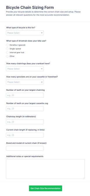 Bicycle Chain Sizing Form Template