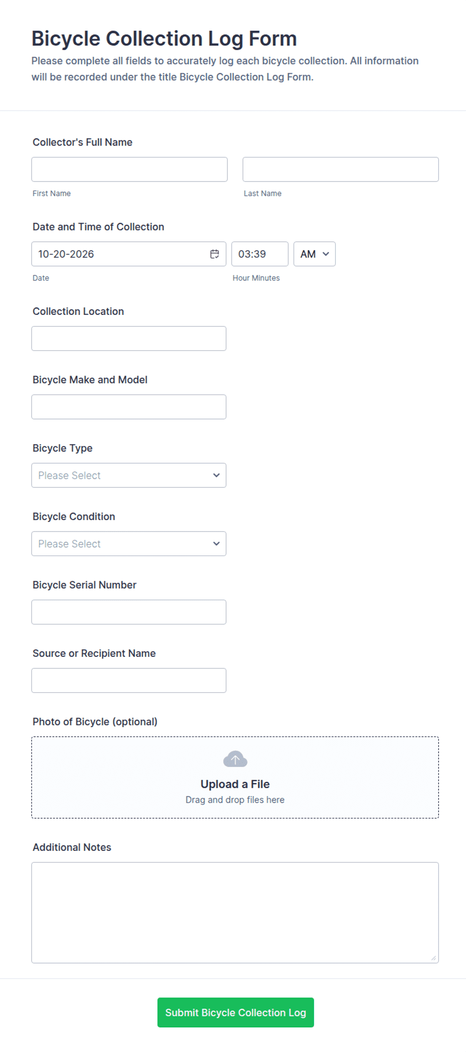 Bicycle Collection Log Form Template | Jotform