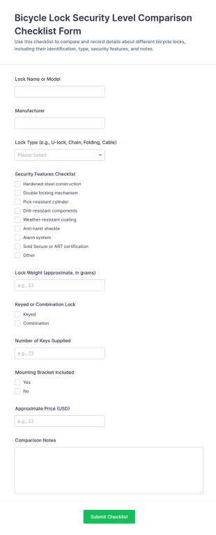 Bicycle Lock Security Level Comparison Checklist Form Template