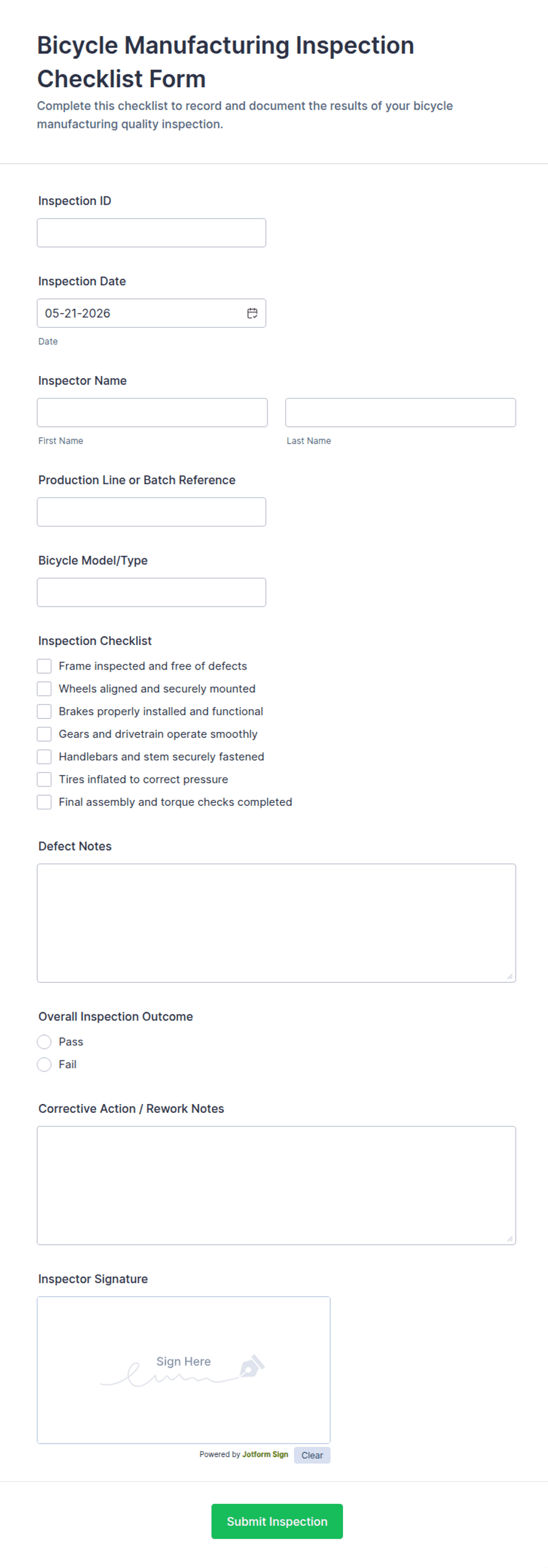 Bicycle Checklist.pdf Bicycle Manufacturing Inspection Checklist Form Template | Jotform
