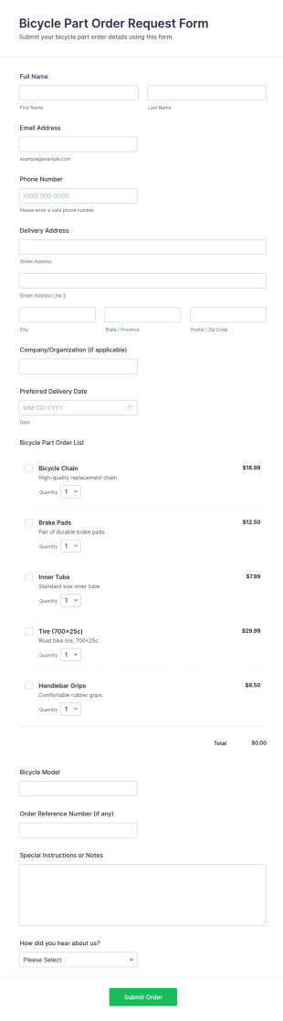 Bicycle Part Order Request Form Template