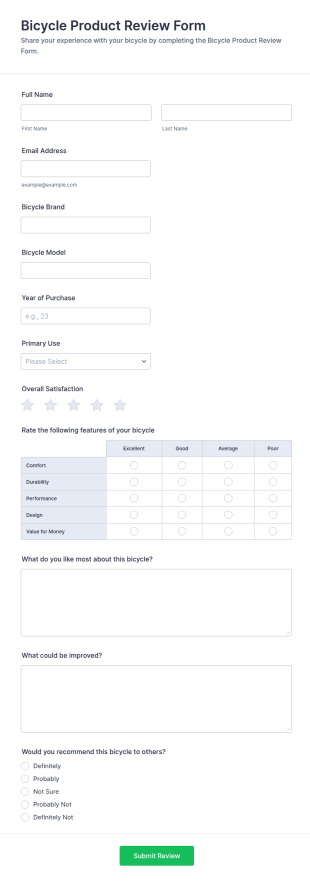 Bicycle Product Review Form Template