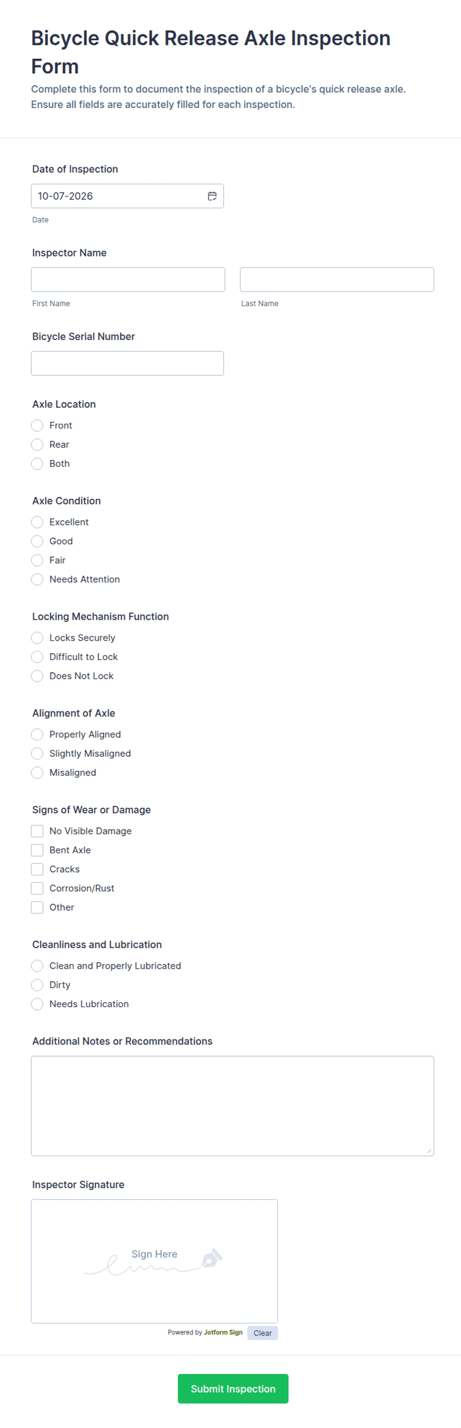Bicycle Quick Release Axle Inspection Form Template | Jotform