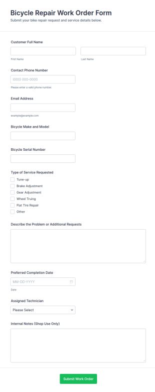 Bicycle Repair Work Order Form Template
