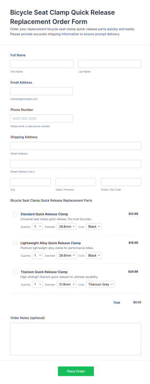 Bicycle Seat Clamp Quick Release Replacement Order Form Template