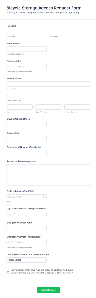 Bicycle Storage Access Request Form Template