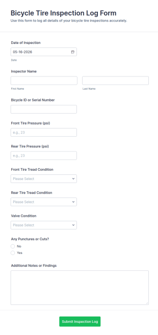 Bicycle Tire Inspection Log Form Template